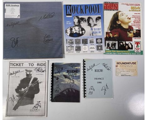 Ride memorabilia to inc: Nowhere LP signed by all four band members to sleeve and inner sleeve, two 1991 itineraries and a 'T