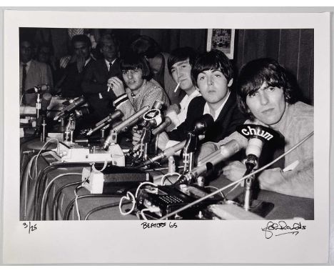 An original print of an image by photographer John Rowlands depicting The Beatles at a Toronto press conference, August 1966.