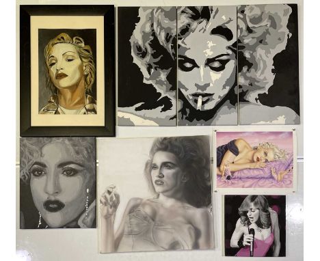 A collection of five paintings to include a set of three (approx 80 x 40cm), four paintings on canvas and a 64 x 90cm mounted