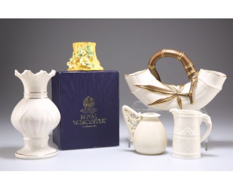 A ROYAL WORCESTER COMMEMORATIVE MODEL OF A PILLAR BOX, 1953-2003; A ROYAL WORCESTER PRIMROSE VASE AND TWO ROYAL WORCESTER JUG