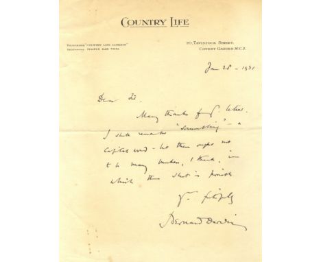 DARWIN BERNARD: (1876-1961) English Golf writer, grandson of Charles Darwin. A.L.S., Bernard Darwin, one page, 4to, Covent Ga