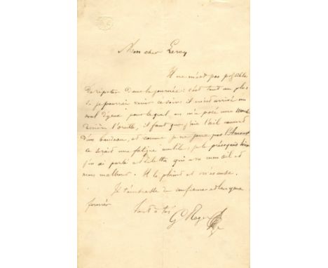 ROGER GUSTAVE: (1815-1879) French Tenor. A.L.S., G Roger, one page, 8vo, n.p., n.d., to Leroy, on his blind embossed monogram