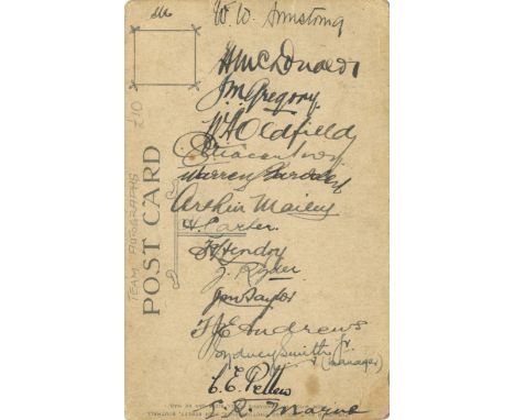 AUSTRALIAN CRICKET: A vintage postcard photograph of the Australian Cricket team of 1921, individually signed to the verso by