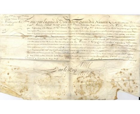 LOUIS XIV: (1638-1715) King of France 1643-1715. D.S., Louis, as King, at the foot, one page (vellum), oblong folio, Versaill