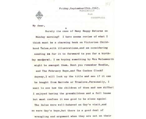 DU MAURIER DAPHNE: (1907-1989) British Author. An excellent T.L.S., Daphne, eight pages, 8vo, Menabilly, Par, Cornwall, 15th 
