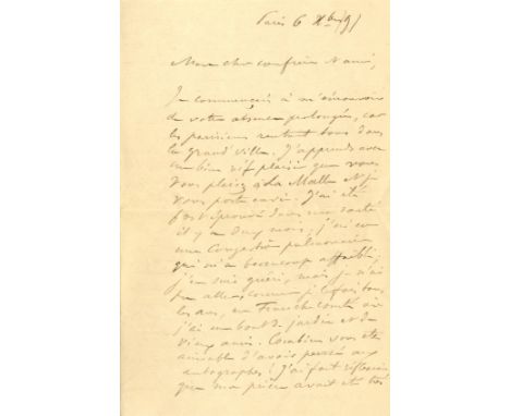 PRUDHOMME SULLY: (1839-1907) French Poet, the first ever winner of the Nobel Prize in Literature, 1901. A good A.L.S., Sully 