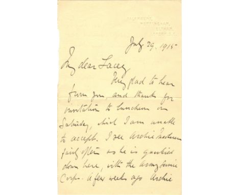 GRACE W. G.: (1848-1915) English Cricketer. A.L.S., W. G. Grace, two pages, 8vo, Eltham, London, 29th July 1915, to Francis L