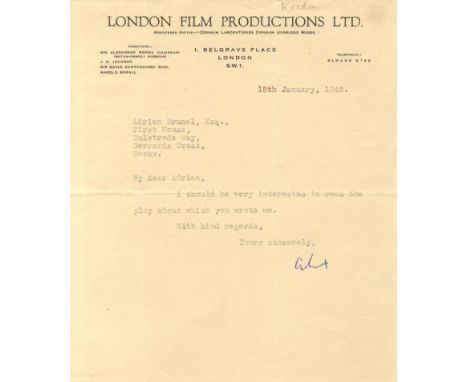 KORDA ALEXANDER: (1893-1956) Hungarian-born British Film Director &amp; Producer. Brief T.L.S., Alex, one page, 8vo, London, 