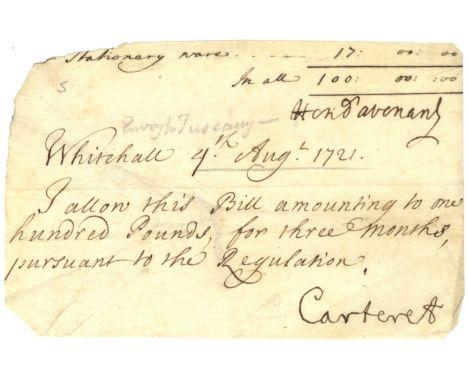 CARTERET JOHN: (1690-1763) 2nd Earl Granville. British Prime Minister for four days in February 1746. Rare D.S., Carteret, on