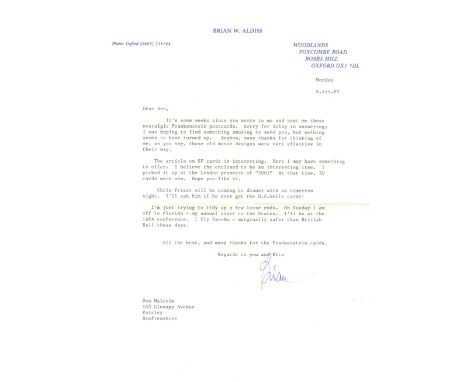 ALDISS BRIAN: (1925-     ) English Writer of Science Fiction novels. Small collection of A.Ls.S. (4) and T.Ls.S. (4), Brian, 