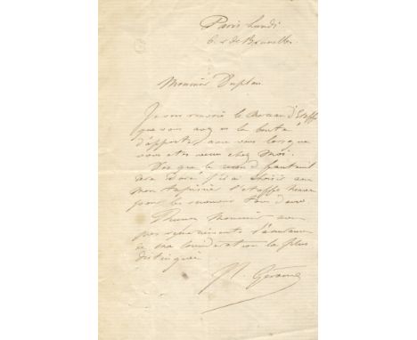 GEROME JEAN-LEON: (1824-1904) French Painter & Sculptor. A.L.S., J L Gerome, one page, 8vo, Paris, n.d. ('Lundi'), to Monsieu