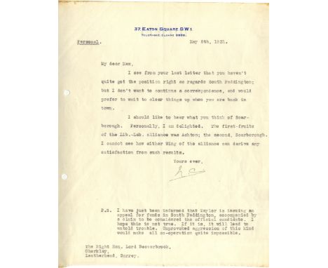 CHAMBERLAIN NEVILLE: (1869-1940) British Prime Minister 1937-40. T.L.S., with his initials N. C., one page, 4to, Eaton Square