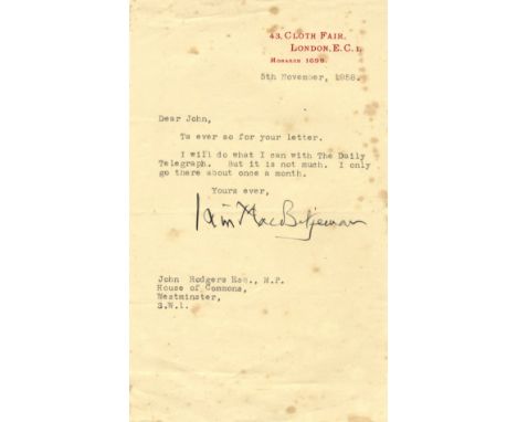 BETJEMAN JOHN: (1906-1984) British Poet Laureate 1972-84. T.L.S., Iain MacBetjeman, one page, 8vo, Cloth Fair, London, 5th No