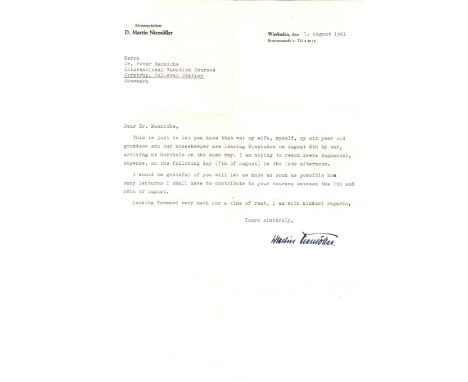 NIEMOLLER MARTIN: (1892-1984) German anti-Nazi Theologian and Lutheran Pastor. T.L.S., Martin Niemoller, one page, 4to, Wiesb