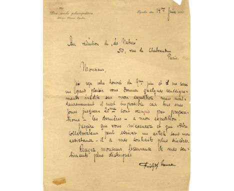 NANSEN FRIDTJOF: (1861-1930) Norwegian Explorer, Nobel Peace Prize winner 1922. L.S., Fridtjof Nansen, one page, 4to, Lysaker