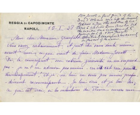 AMELIE OF ORLEANS: (1865-1951) Queen Consort of Portugal 1889-1908. A.L.S., Amelie, two pages, oblong 8vo, Naples, 10th Janua