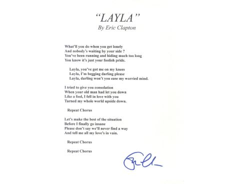 CLAPTON ERIC: (1945- ) English Rock Guitarist &amp; Singer. A printed 4to set of souvenir lyrics for Layla, signed by Clapton