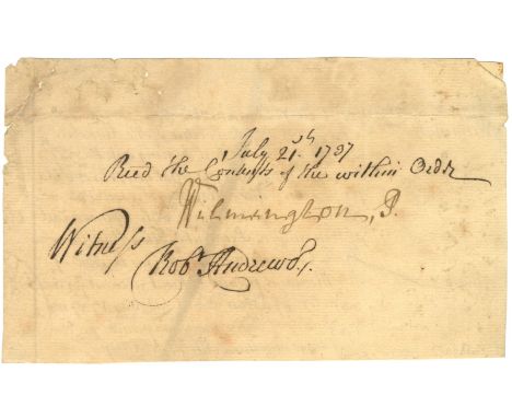 COMPTON SPENCER: (1673-1743) British Prime Minister 1742-43. Rare ink signature ('Wilmington P', as Lord President of the Cou