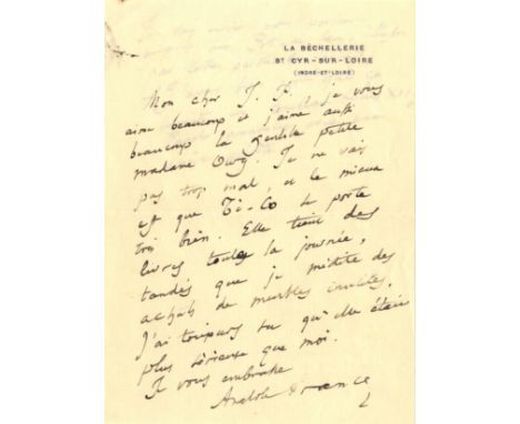 FRANCE ANATOLE: (1844-1924) French Poet & Novelist, Nobel Prize winner for Literature, 1921. A.L.S., Anatole France, two page