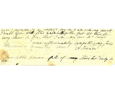 SEWARD ANNA: (1747-1809) English Romantic Poet. Ink signature ('A. Seward') and fourteen lines of holograph text, to the rect