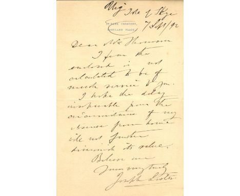 LISTER JOSEPH: (1827-1912) English Surgeon. A.L.S., Joseph Lister, one page, 8vo, Isle of Skye, 7th September 1892, to [Alexi