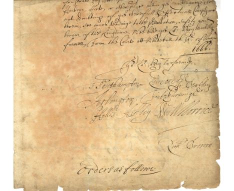 PRIVY COUNCIL: A large portion removed from the conclusion of a Privy Council document, Court at Whitehall, 31st August 1666,