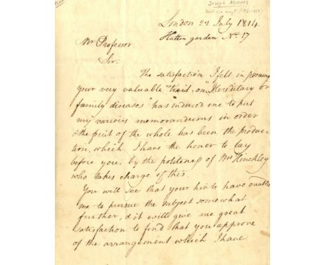 ADAMS JOSEPH: (1756-1818) British Physician and Surgeon. A.L.S., Joseph Adams, two pages, 4to, London, 22nd July 1814, to [An