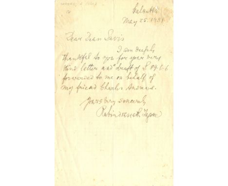 TAGORE RABINDRANATH: (1861-1941) Indian Poet, Nobel Prize winner for Literature, 1913. A.L.S., Rabindranath Tagore, one page,