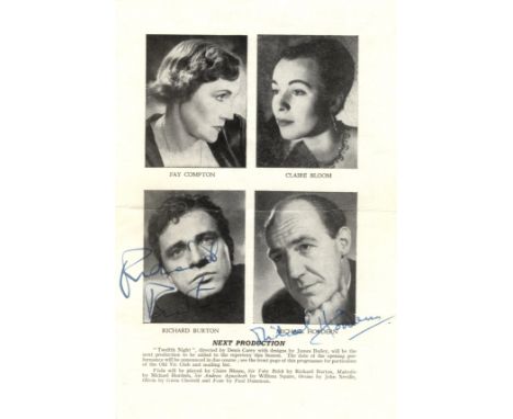 
BURTON RICHARD: (1925-1984) Welsh Actor. A vintage printed 8vo programme for a performance of William Shakespeare's King Joh