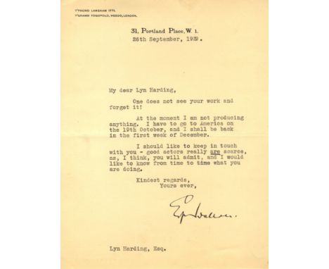 WALLACE EDGAR: (1875-1932) British Crime Writer, creator of King Kong. T.L.S., Edgar Wallace, one page, 8vo, Portland Place, 