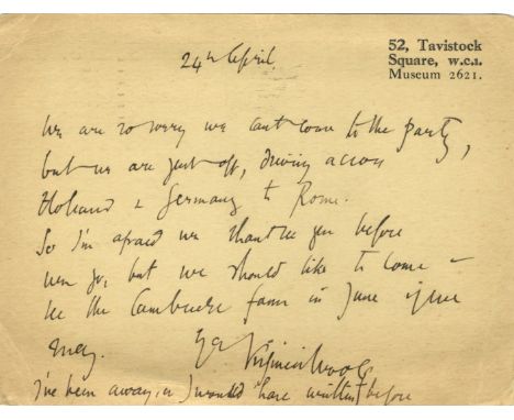 WOOLF VIRGINIA: (1882-1941) English Novelist. A.L.S., Virginia Woolf, on one side of a correspondence card, Tavistock Square,