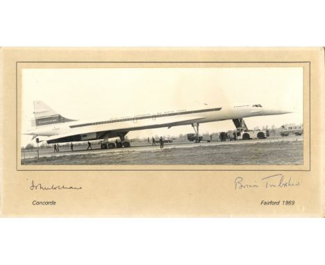 CONCORDE: A vintage 11 x 6 photograph of Concorde on the runway at RAF Fairford, surrounded by several vehicles and various g