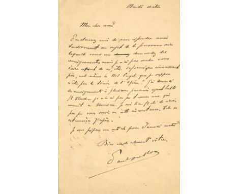 DUKAS PAUL: (1865-1935) French Composer. A.L.S., Paul Dukas, one page, 8vo, n.p., n.d. ('Mardi matin'), to a friend, in Frenc