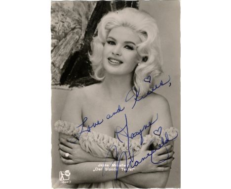 MANSFIELD JAYNE: (1933-1967) American Actress & Sex Symbol. A good vintage signed 4 x 6 postcard photograph of the blonde act