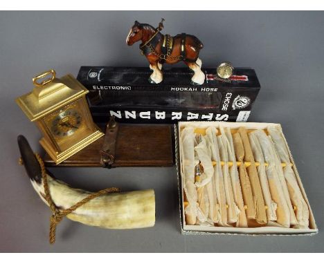 A mixed lot to include a carriage clock, vintage press, ceramic horse, boxed flatware and similar.
