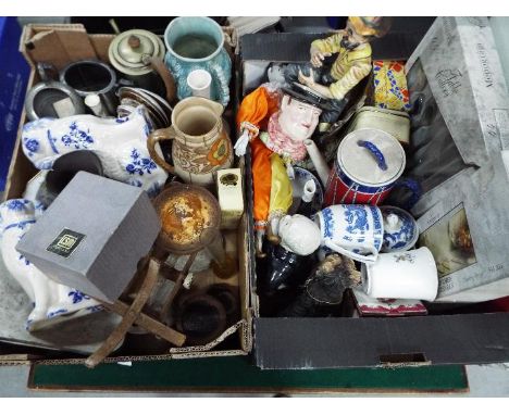 A mixed lot to include vintage kitchen scales, ceramics, plated ware, pictures, glassware and similar, two boxes. [2]