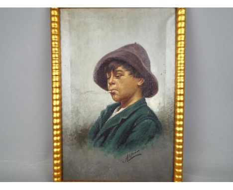 A late 19th century oil on canvas portrait depicting a young boy smoking a cigarette, signed lower right by the artist, frame