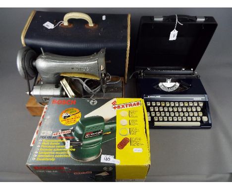 A vintage Universal sewing machine in case, a cased Silver-Reed Silverette typewriter and a boxed Bosch multi sander. [3] 