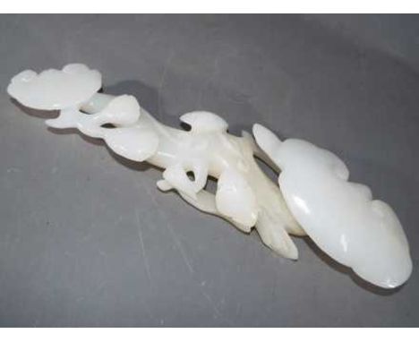 A large Chinese white and yellow jade / stone carving of a Lingzhi Ruyi Sceptre, approximately 36.5 cm (l)