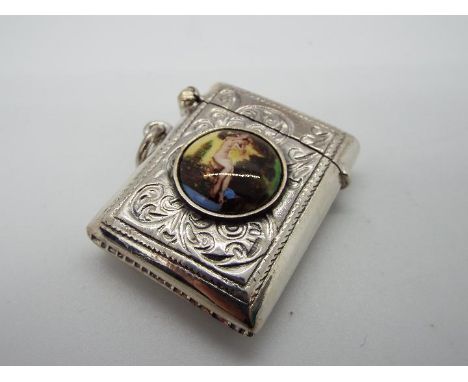 A silver Vesta case with painted enamel nude