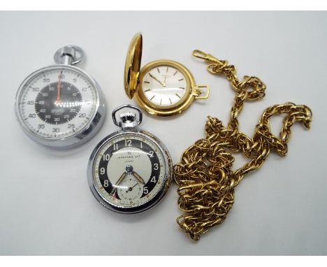 A yellow metal Rotary, full hunter, fob watch with yellow metal chain, an Ingersoll Triumph pocket watch and boxed Sportex st