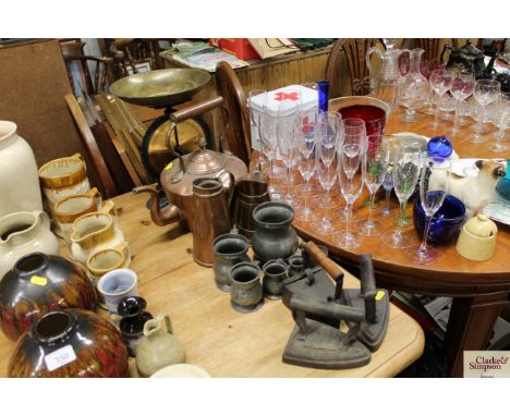 A set of Salter Family scales; a copper kettle; pewter; flat irons etc. 