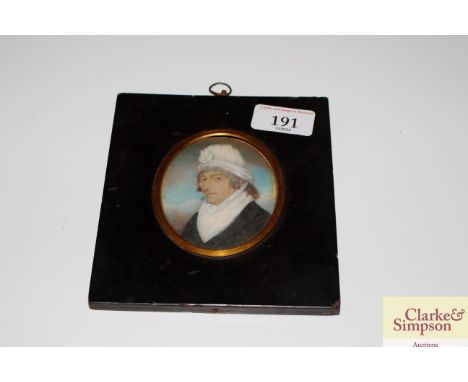 A miniature portrait of Mrs Coalbrook, label verso in ebonised and gilt mounted frame 