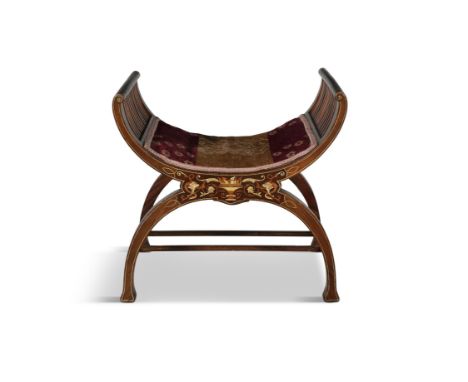 AN EDWARDIAN INLAID MAHOGANY FRAME STOOL, c.1900, with tapestry seat, the frame decorated with inlaid neo-classical urn. 55cm