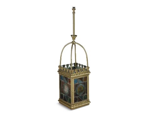 A LARGE EDWARDIAN BRASS AND STAINED GLASS HALL LANTERN, each of the four glass panels fitted with a central circular vignette