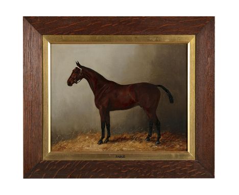 HENRY FREDERICK LUCAS LUCAS (1848 - 1943)'Fable', Portrait of a Bay Horse in a Loose BoxOil on canvas, 35.5 x 46cm Signed, da