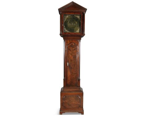 AN IRISH 18TH CENTURY MAHOGANY CASED LONGCASE CLOCK, the hood of architectural form with pediment, above glazed hinged door, 