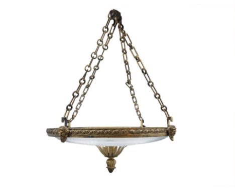 A 19TH CENTURY GLASS AND GILDED BRASS CEILING LIGHT, the circular glass bowl, with diamond cut and reeded decoration, gilt me