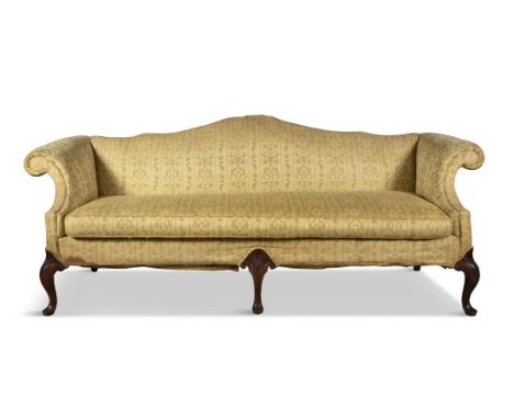 A GEORGIAN STYLE MAHOGANY FRAMED SERPENTINE-BACK UPHOLSTERED THREE SEATER SOFA with scroll armrests, fitted single loose cush