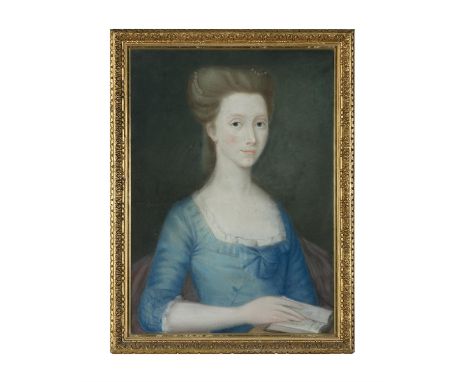 IRISH SCHOOL (18TH CENTURY)Portrait of a young lady in a blue dress, half-length, holding a book "Essay of Education", presum